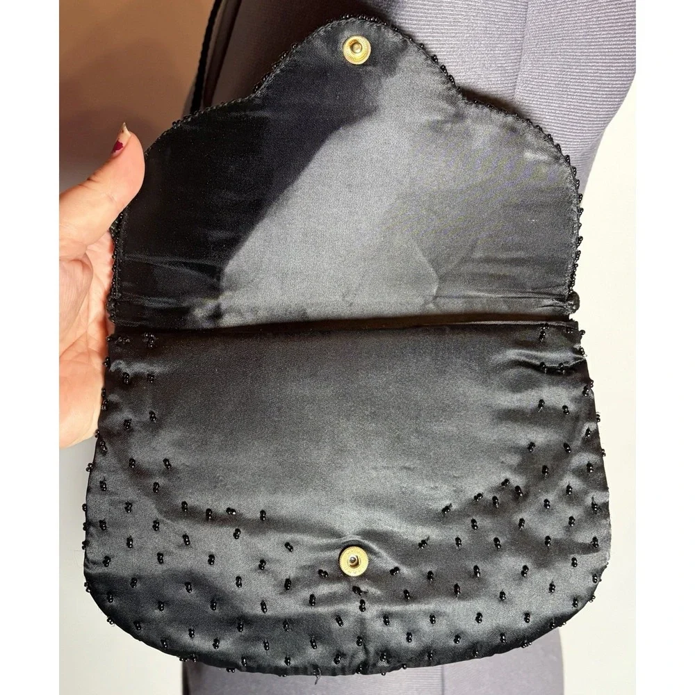 Vtg Y2K Beaded Satin Evening Bag Black Floral‎ Woven Strap Prom cocktail